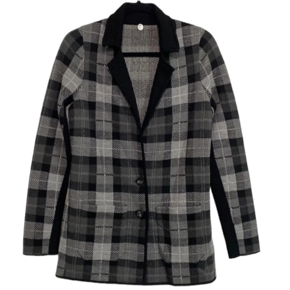 Margaret O'Leary Gray Black Plaid Thick Knit Sweater Blazer Size S